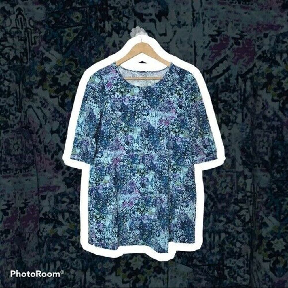 J. Jill Purejill Women's Medium Printed Wrap Tunic Stretch Knit Blue Half Sleeve